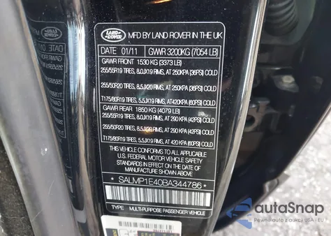 2011 Land Rover Range Rover Supercharged from USA, damaged, VIN SALMP1E40BA344786